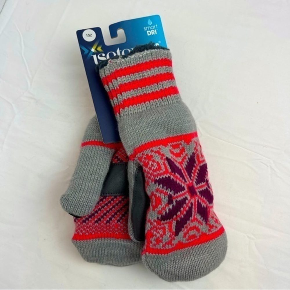 Isotoner Signature Smart Touch Mittens One‎ Size Grey Maroon Pink